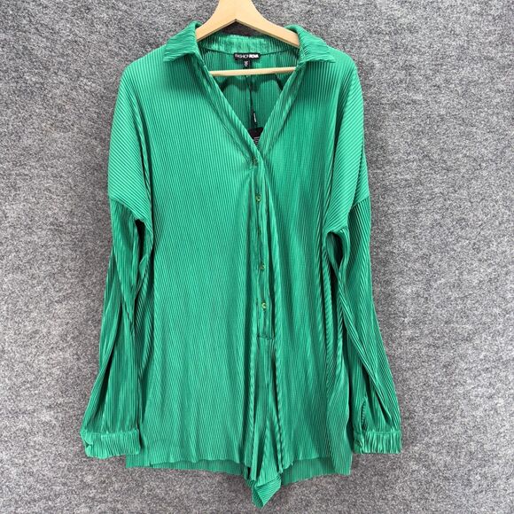 New Fashion Nova Jumpsuit Women XL Green Pleated Collared Button Long Sleeve - Picture 1 of 9